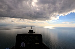 Mike Fox over the sea near Llandbedr on a club expedition